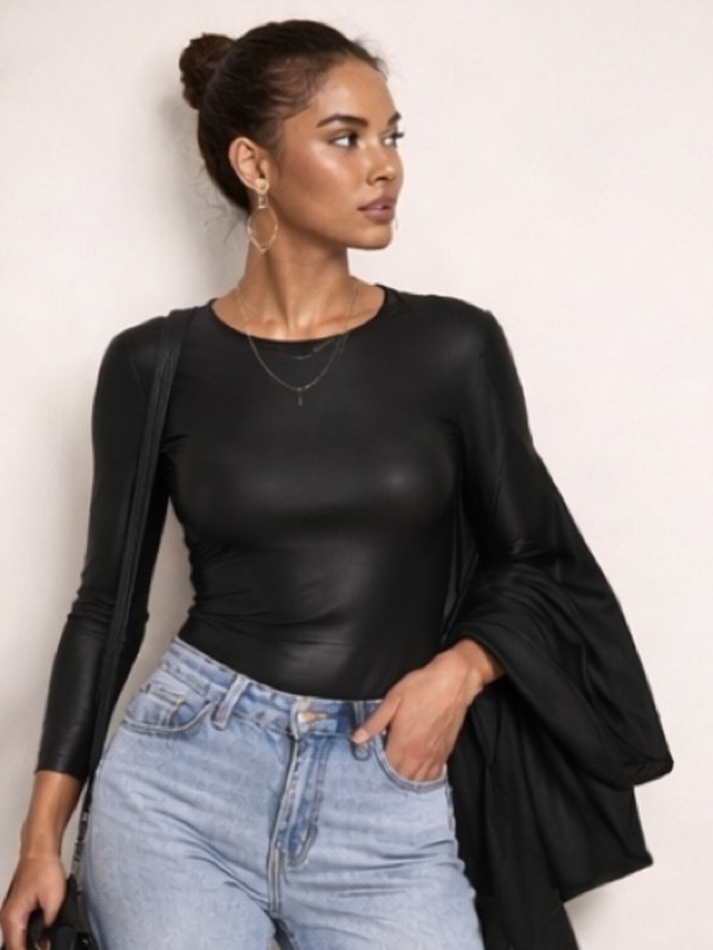 Black Faux Leather Long Sleeve Top | Sleek Chic Layering Piece - Picture 2 of 6